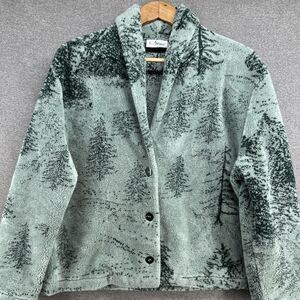 Vintage Fleece Jacket Women's Medium Green Button-Up Nature Graphic Trees PLUSH